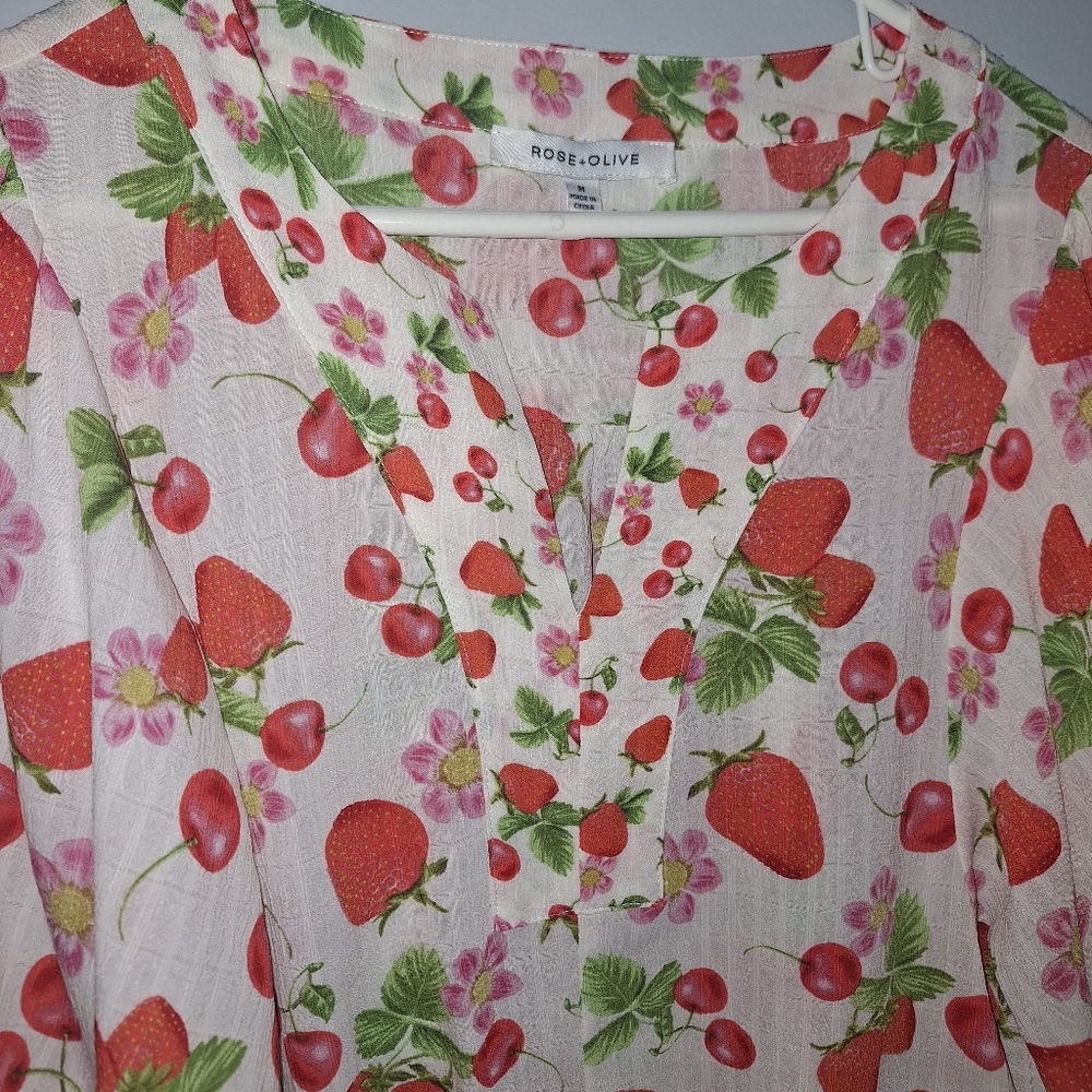 Rose & Olive Strawberry Blouse Top M Medium Womens Summer Sheer - Picture 2 of 7